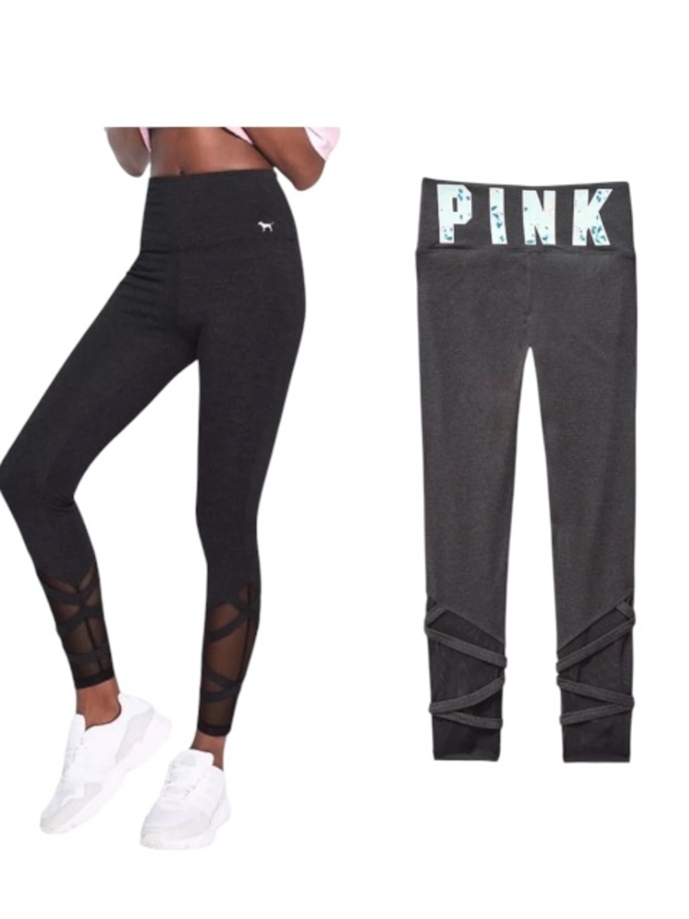 PINK Strappy Graphic Logo Athletic Leggings